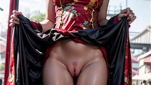 AI generated Chinese beauty in cheongsam showing pussy in public